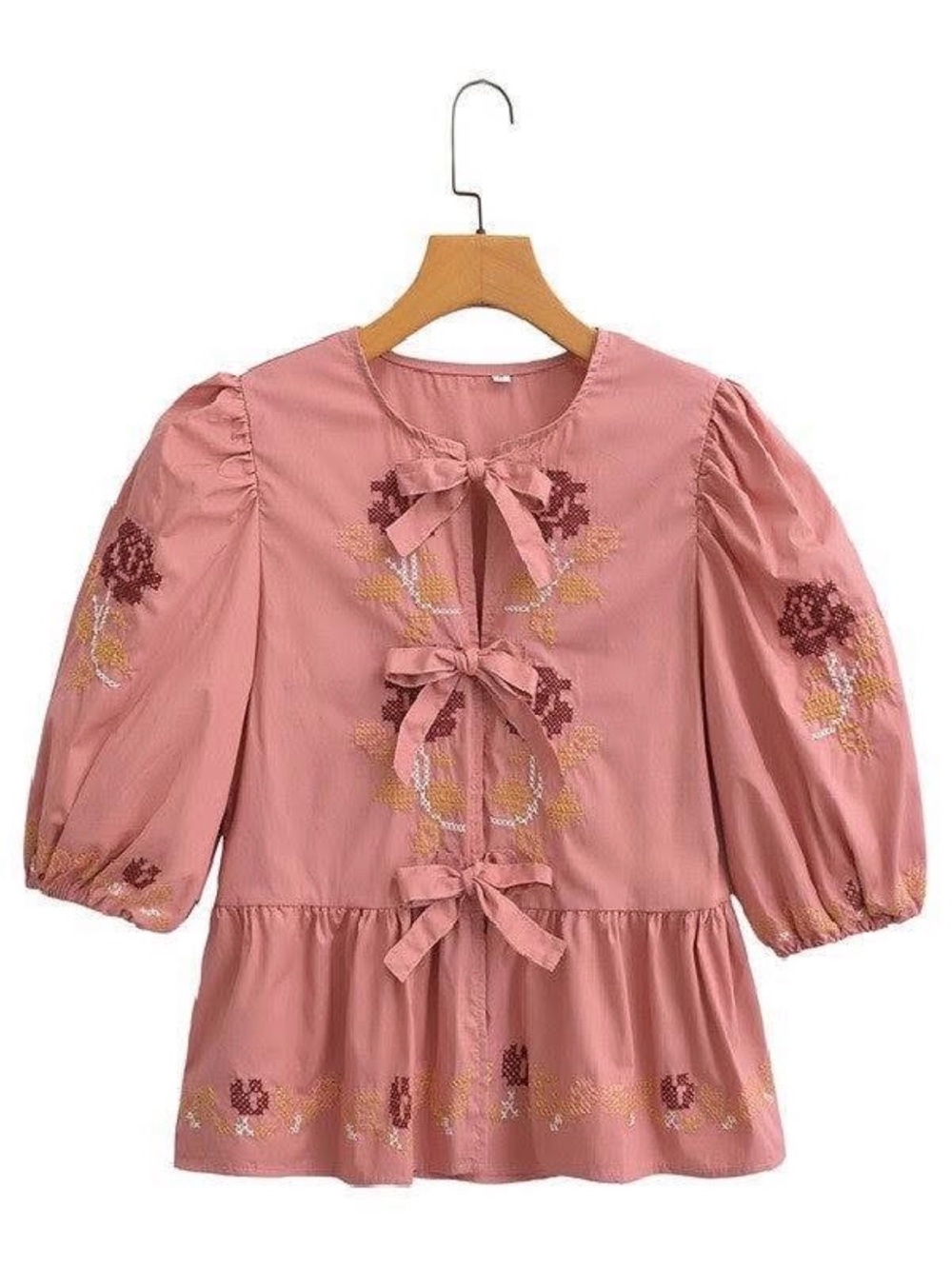 Embroidered Bow-Front Peasant Blouse in Rose Pink